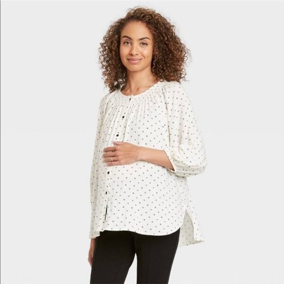 The Nines by Hatch Peasant Blouse Maternity Button Front Cream Printed Small - Picture 1 of 13
